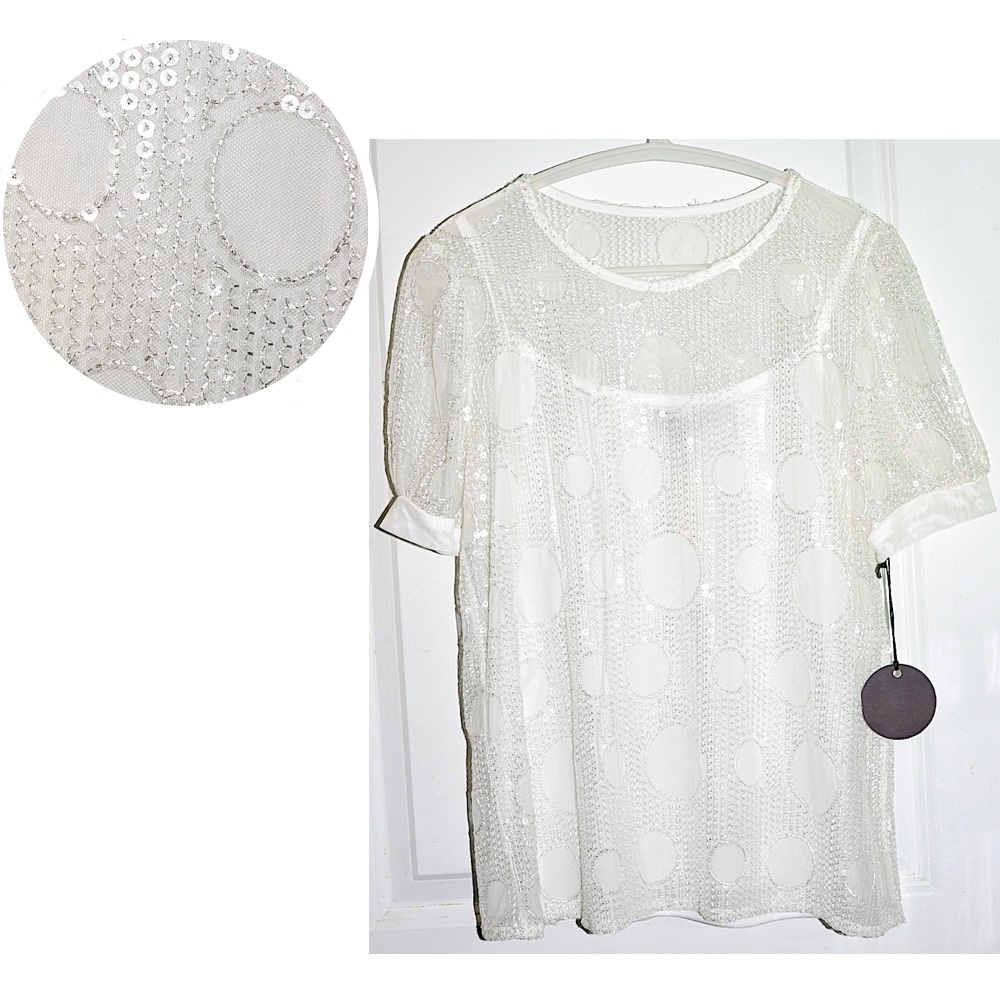 NWT Anthropologie Eva Franco Quincy Sheer White Sequin Top with Circle Pattern